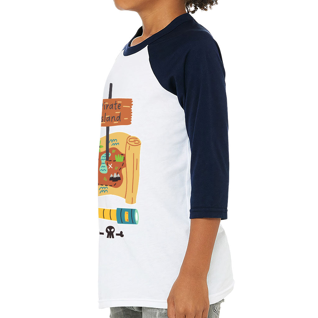 Pirate Island Kids' Baseball T-Shirt - Map Print 3/4 Sleeve T-Shirt - Cool Baseball Tee