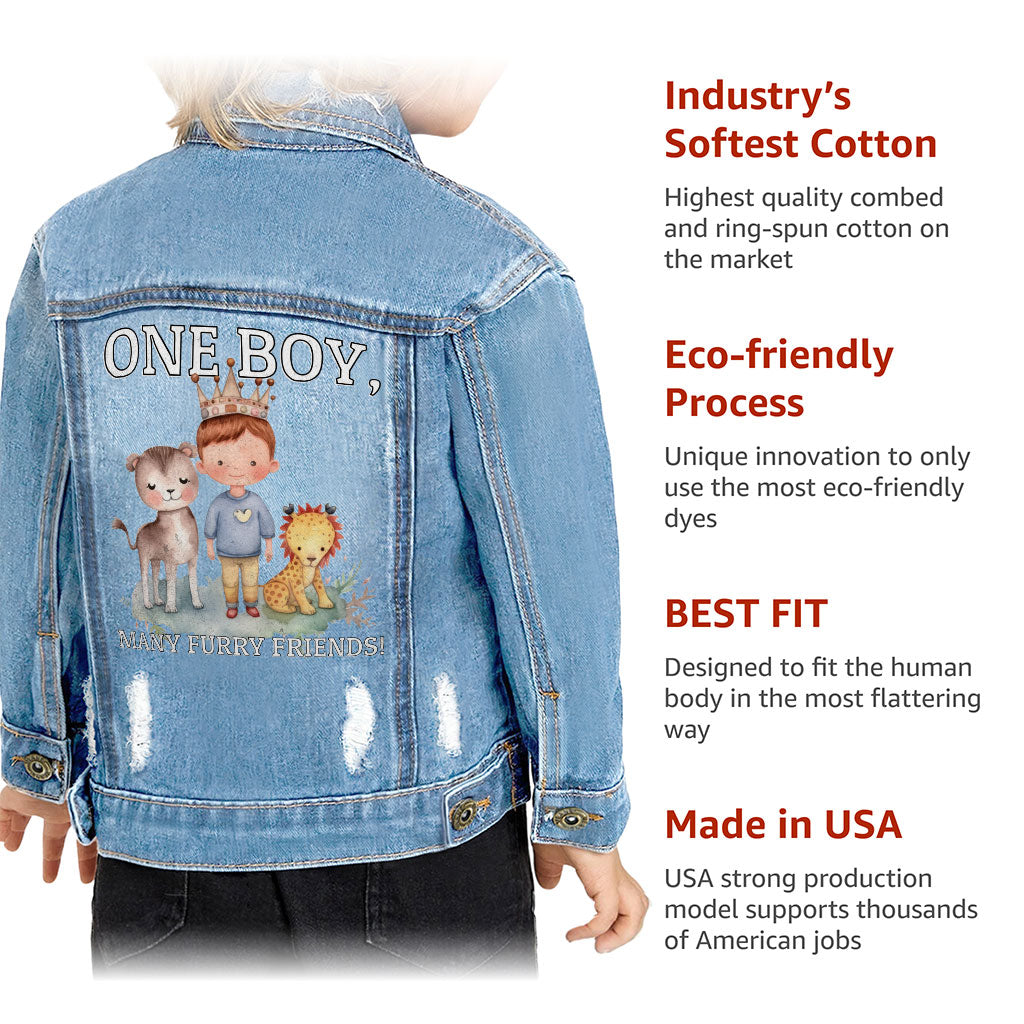Many Furry Friends Toddler Denim Jacket - Animal Lover Jean Jacket - Graphic Denim Jacket for Kids