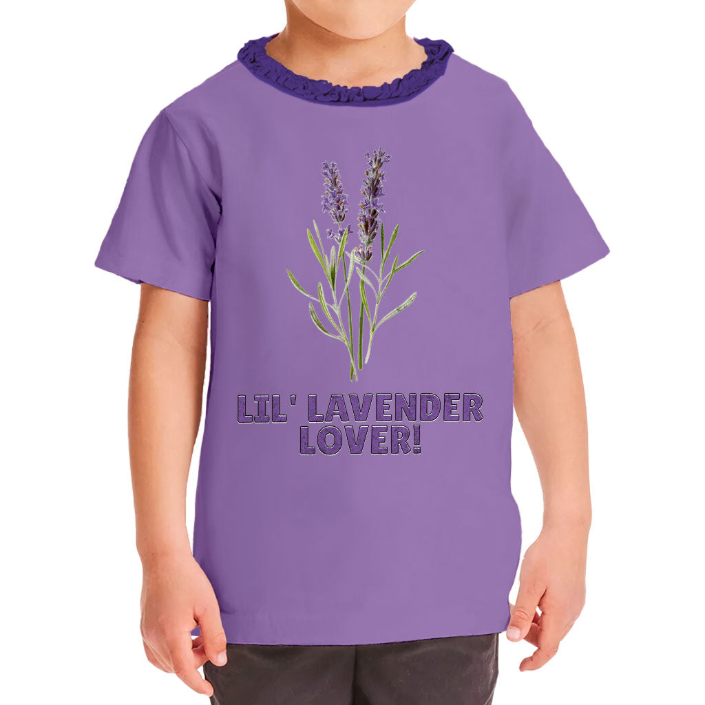 Lil' Lavender Lover Girls' Ruffle Neck T-Shirt - Flower Themed Toddler T-Shirt - Graphic Ruffle Neck Tee