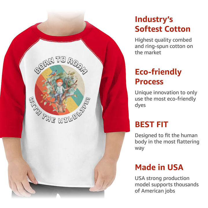 Born to Roam Toddler Baseball T-Shirt - Birds 3/4 Sleeve T-Shirt - Colorful Kids' Baseball Tee