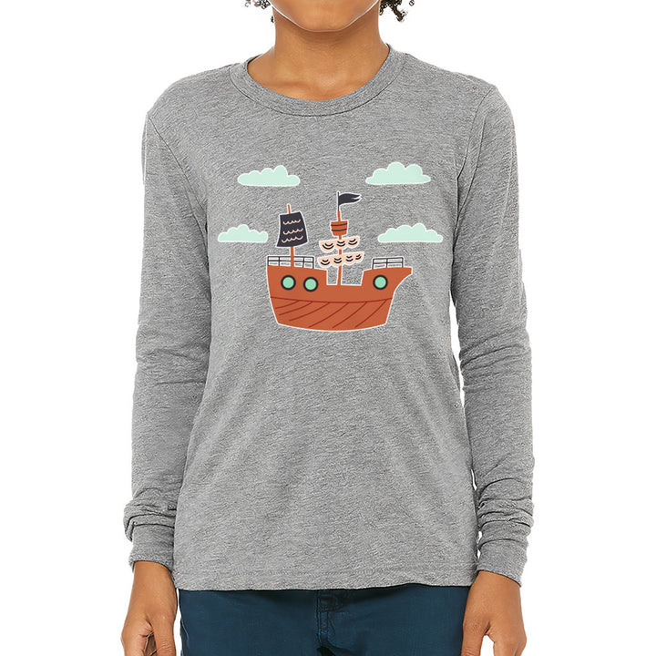 Pirate Ship Kids' Long Sleeve T-Shirt - Themed T-Shirt - Bright Art Long Sleeve Tee