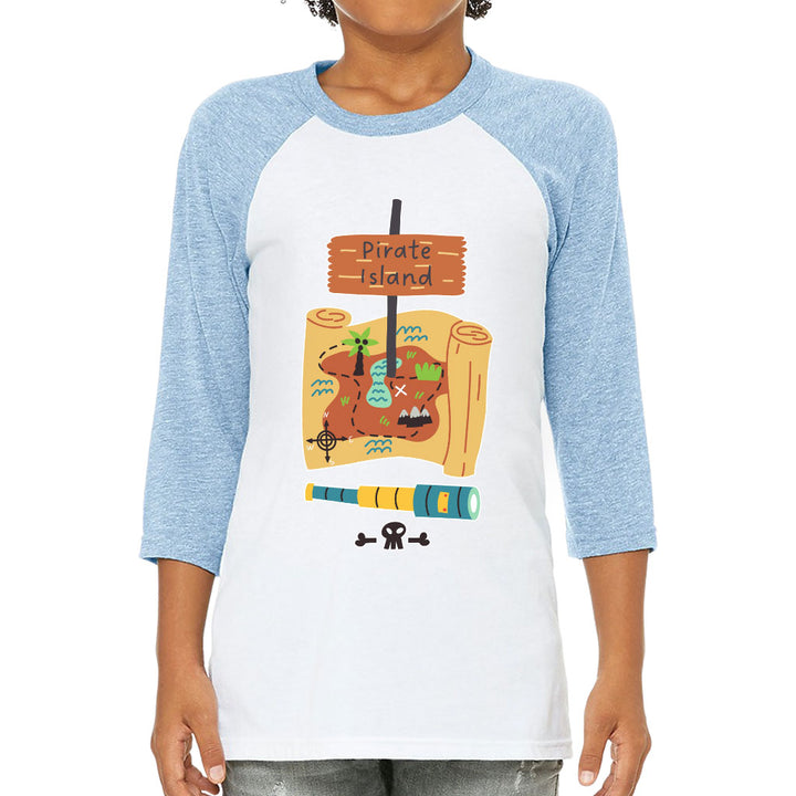 Pirate Island Kids' Baseball T-Shirt - Map Print 3/4 Sleeve T-Shirt - Cool Baseball Tee
