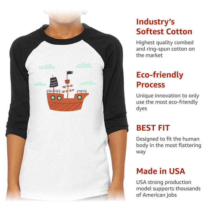Pirate Ship Kids' Baseball T-Shirt - Themed 3/4 Sleeve T-Shirt - Bright Art Baseball Tee