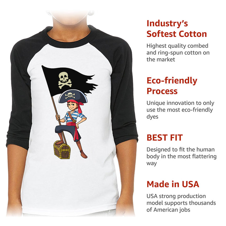 Cool Pirate Kids' Baseball T-Shirt - Sea Themed 3/4 Sleeve T-Shirt - Cartoon Baseball Tee