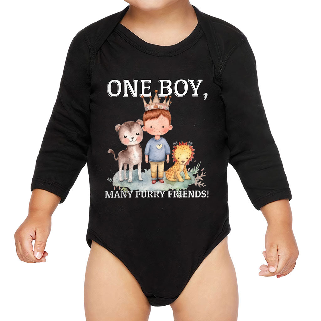 Many Furry Friends Baby Long Sleeve Onesie - Animal Lover Baby Long Sleeve Bodysuit - Graphic Baby One-Piece