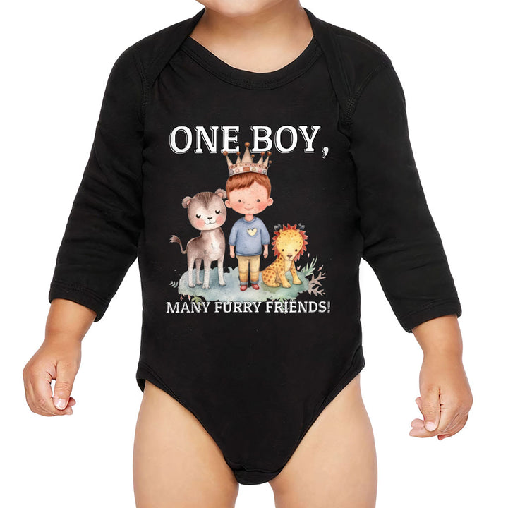 Many Furry Friends Baby Long Sleeve Onesie - Animal Lover Baby Long Sleeve Bodysuit - Graphic Baby One-Piece