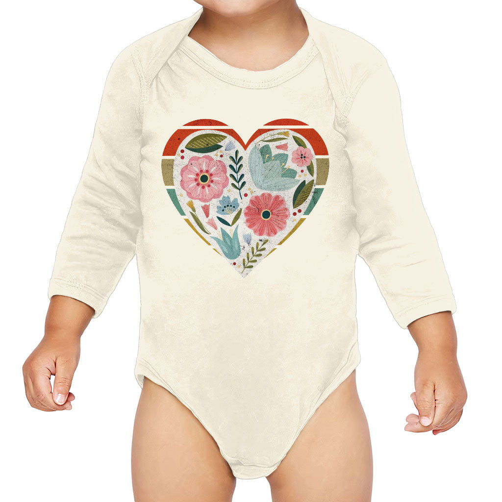 Flower Heart Baby Long Sleeve Onesie - Colorful Baby Long Sleeve Bodysuit - Printed Baby One-Piece