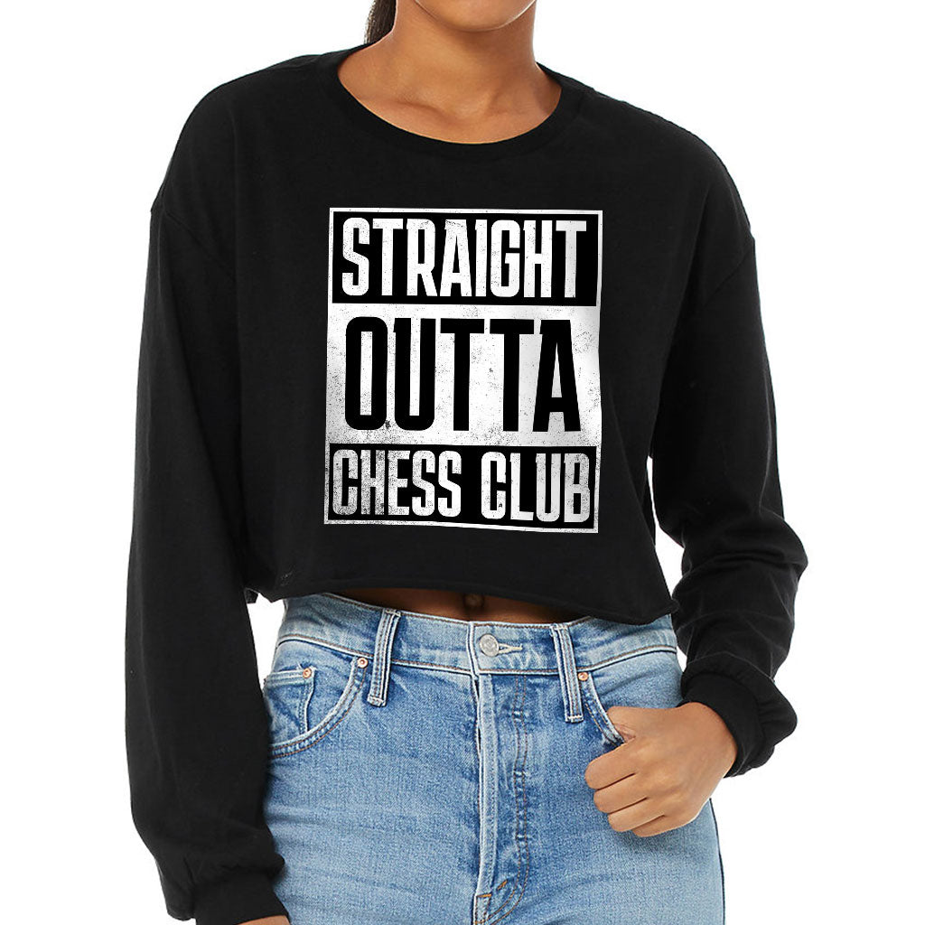 Word Art Cropped Long Sleeve T-Shirt - Chess Club Women's T-Shirt - Unique Long Sleeve Tee