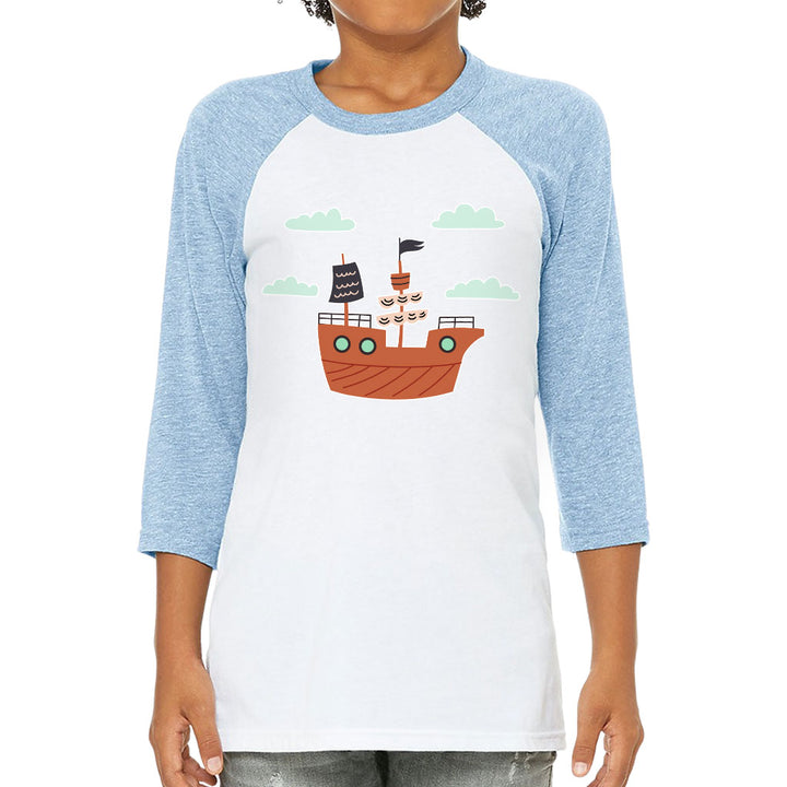 Pirate Ship Kids' Baseball T-Shirt - Themed 3/4 Sleeve T-Shirt - Bright Art Baseball Tee