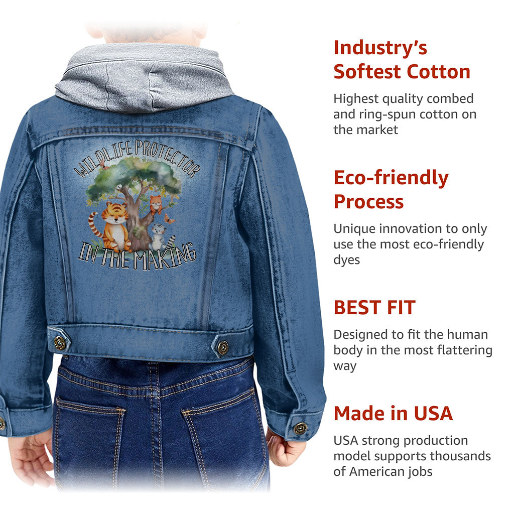 Wildlife Protector Toddler Hooded Denim Jacket - Animals Jean Jacket - Themed Denim Jacket for Kids